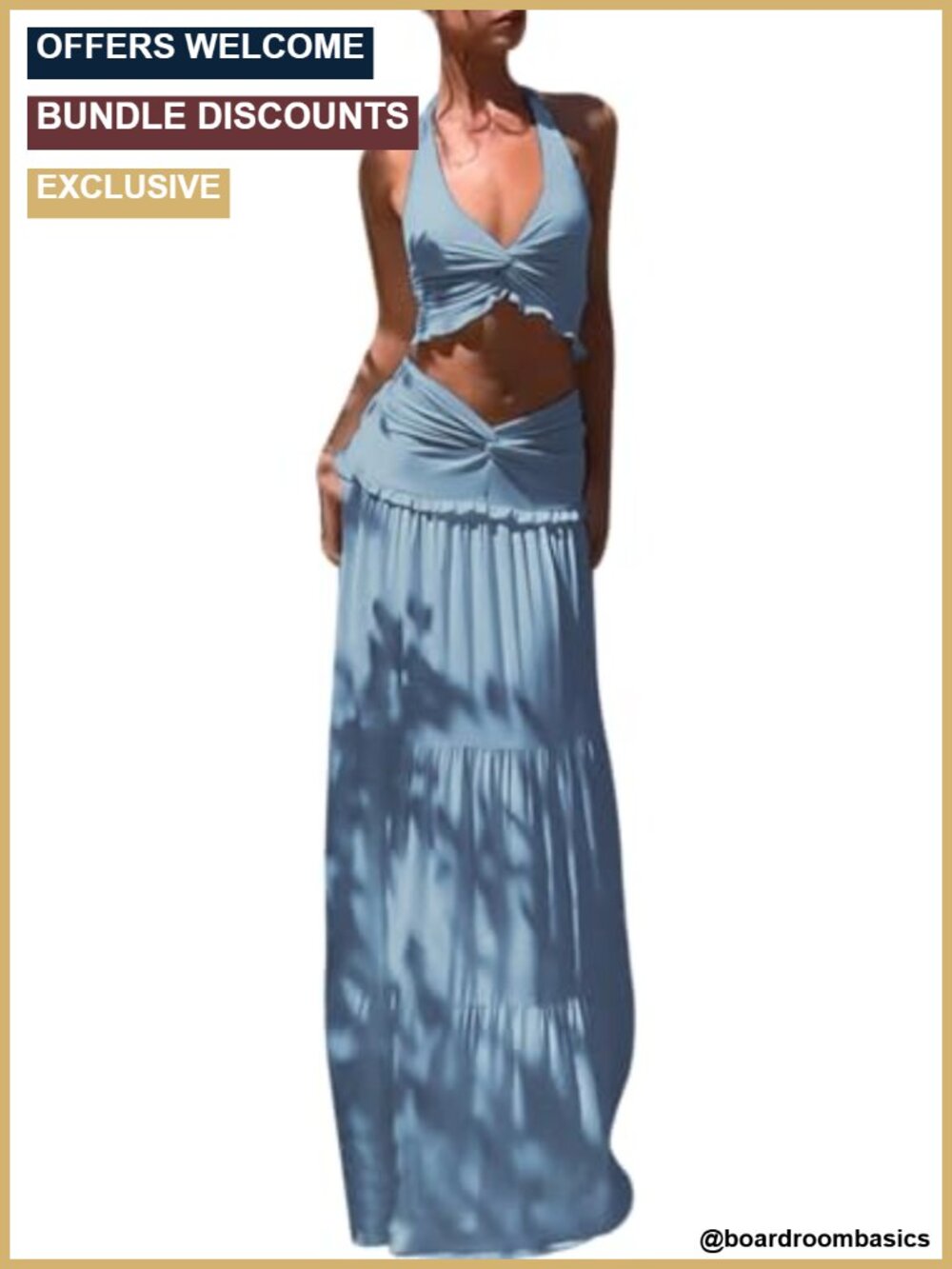 Y2K Halter Top & Flowy Ruffle Maxi Skirt Set, Sleeveless, Polyester Blend